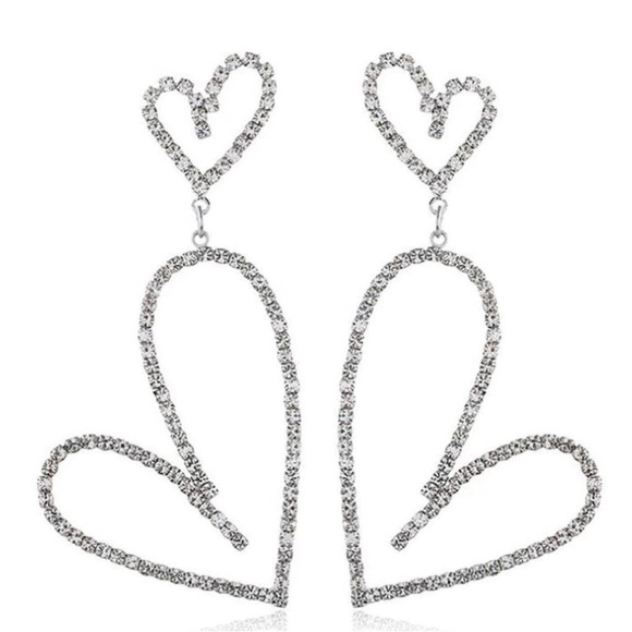 Silver Rhinestone Heart Drop Dangle Crystal Earrings NWT - Picture 7 of 8